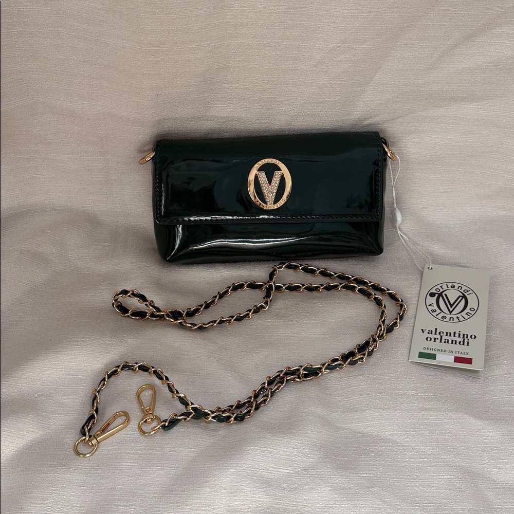 Valentino Orlandi Dark Green Patent Leather Chain Crossbody Bag